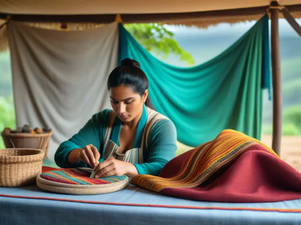 Artesanos uruguayos tejiendo textiles en camping sostenible con equipos ecoamigables