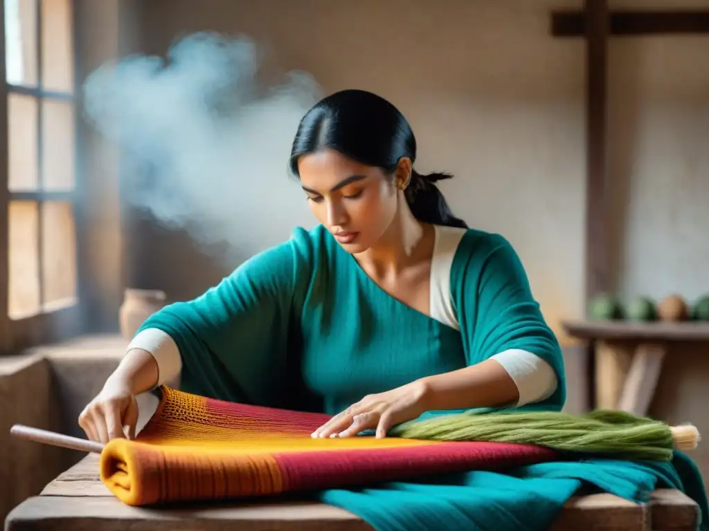 Artesanos uruguayos crean textiles tradicionales en taller rustico iluminado