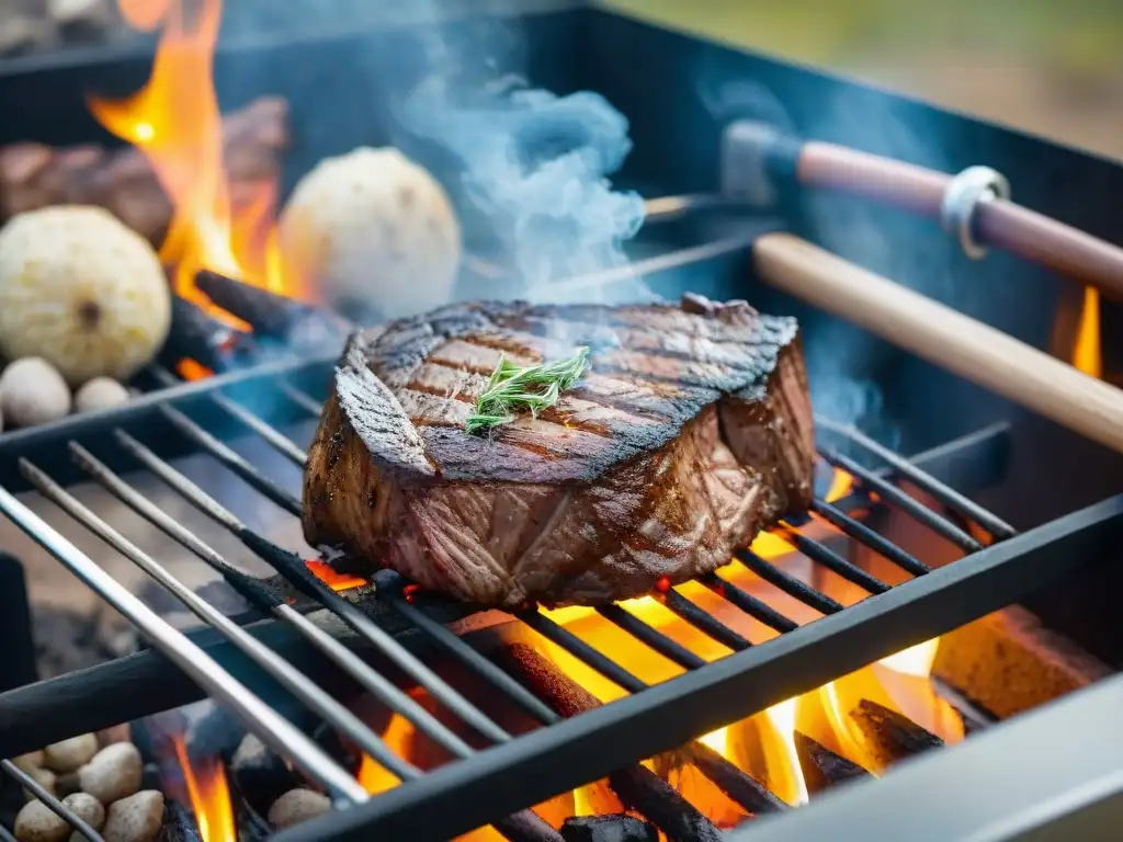 Deléitate con un asado en el camping al atardecer, con un suculento filete a la parrilla y el cálido resplandor del sol