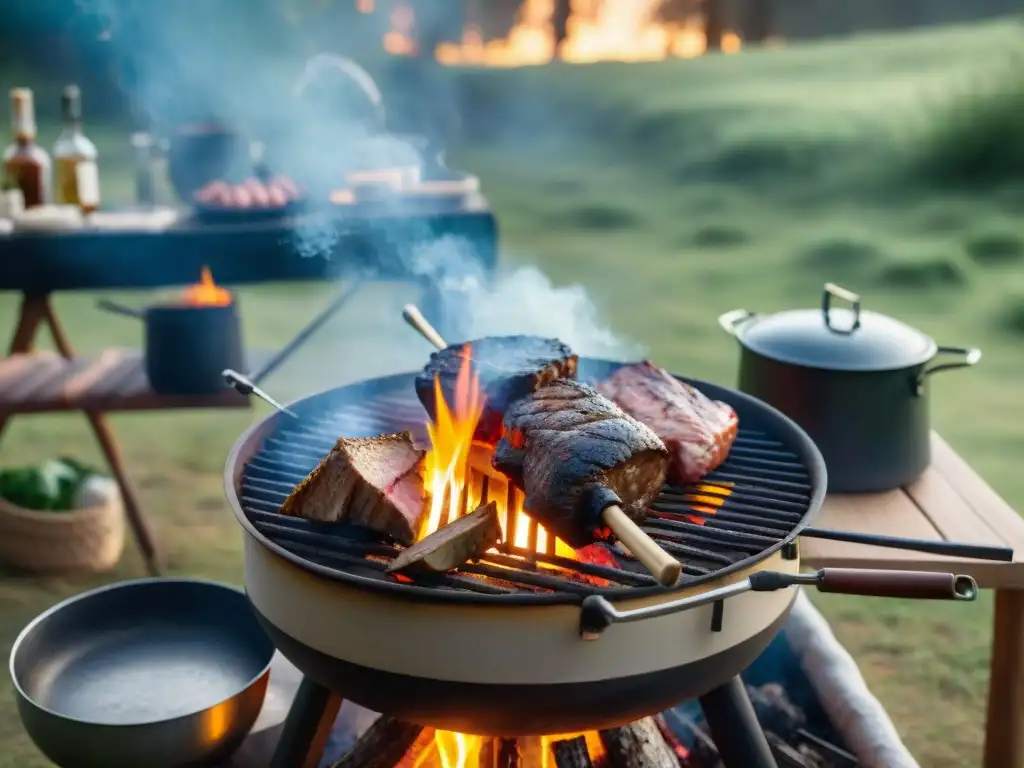 Un asado tradicional uruguayo cocinando al aire libre en un entorno de camping pintoresco