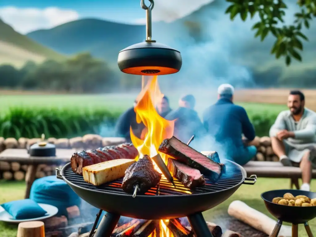 Un asado tradicional uruguayo en un camping privado en Uruguay, con campistas disfrutando de la comida y la naturaleza