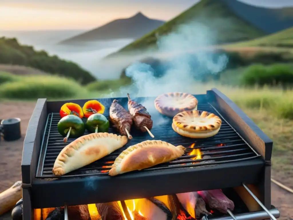 Un asado tradicional uruguayo en un camping, con cortes de carne, empanadas y vegetales coloridos asándose