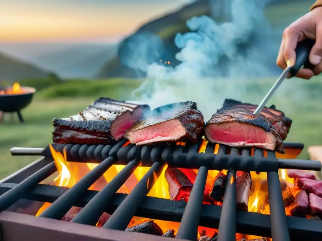 Un asado uruguayo tradicional se prepara en un camping, mostrando gastronomía típica y belleza natural