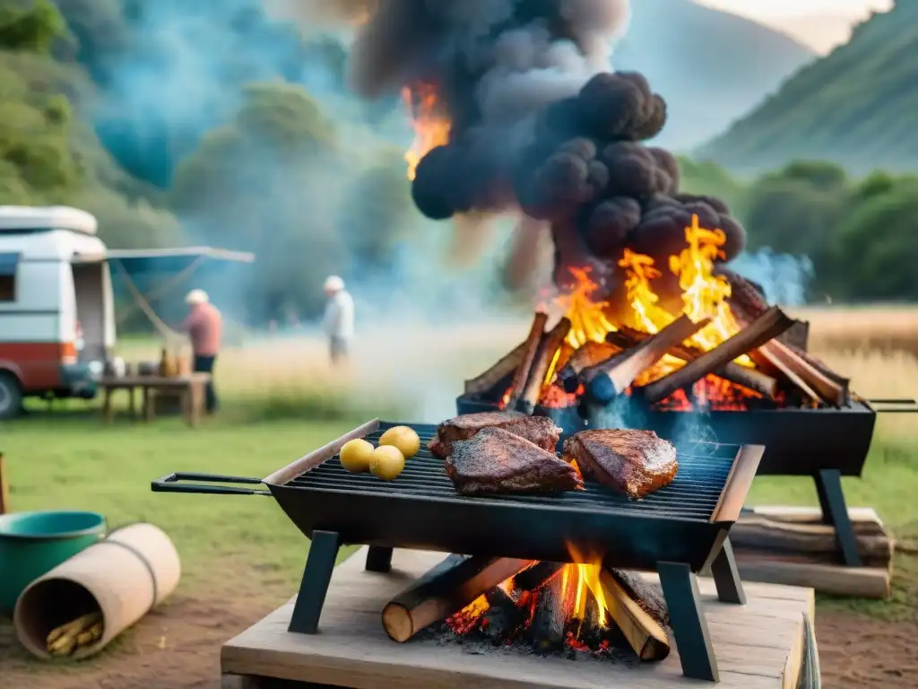 Un asado uruguayo tradicional se prepara en un camping en medio de un frondoso bosque, conservando la naturaleza y la cultura local