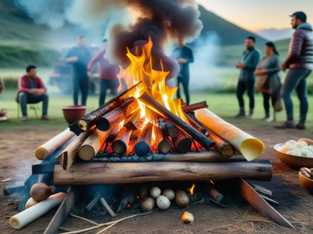 Un asado uruguayo tradicional en un camping, reuniendo a personas diversas alrededor de una fogata