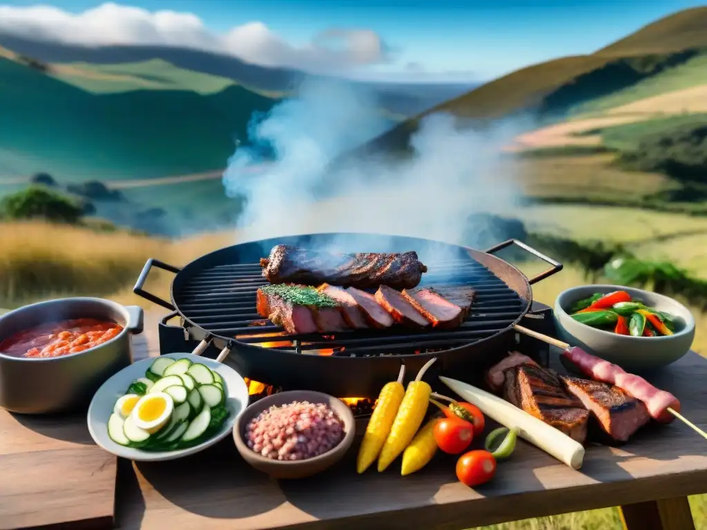 Un asado uruguayo tradicional en un camping: carnes locales en la parrilla, chimichurri y verduras frescas