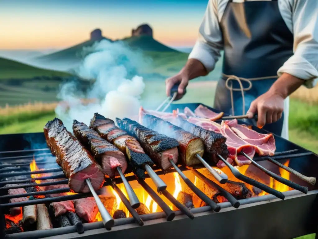 Un asado uruguayo tradicional cocinado al aire libre en una parrilla rústica, rodeado de cortes de carne variados sobre brasas ardientes