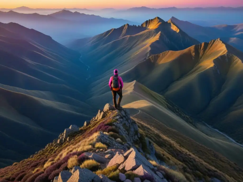 Ascenso a Sierra de las Ánimas: Aventurero contempla la majestuosidad de la montaña al amanecer, bajo un cielo de tonos vibrantes