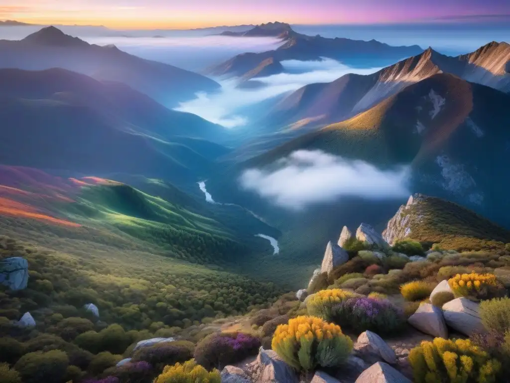 Ascenso a Sierra de las Ánimas: Amanecer en la cima, luz dorada ilumina picos escarpados y valle neblinoso