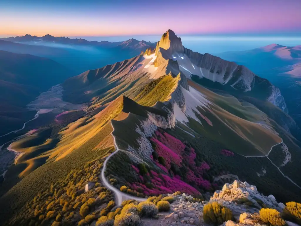 Ascenso a Sierra de las Ánimas al amanecer, con sombras largas y cielo pintado de tonos vibrantes