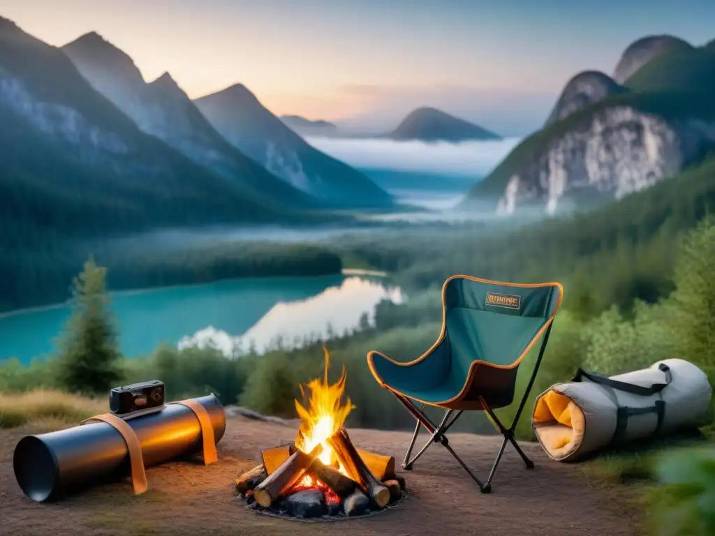 Un asiento de camping plegable ligero iluminado por la cálida luz de la fogata en un entorno forestal tranquilo al anochecer