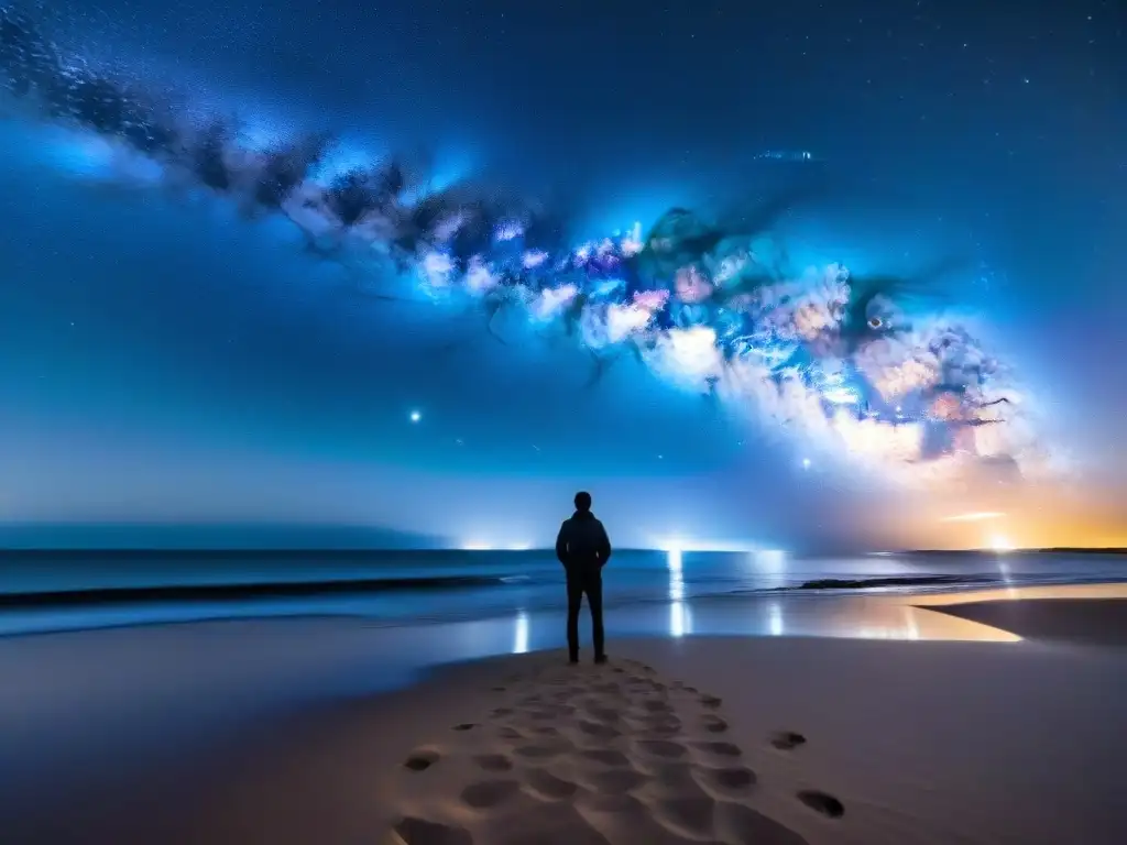 Observación astronómica en playas de Uruguay: Noche estrellada con la Vía Láctea y astrónomos admirando el cielo