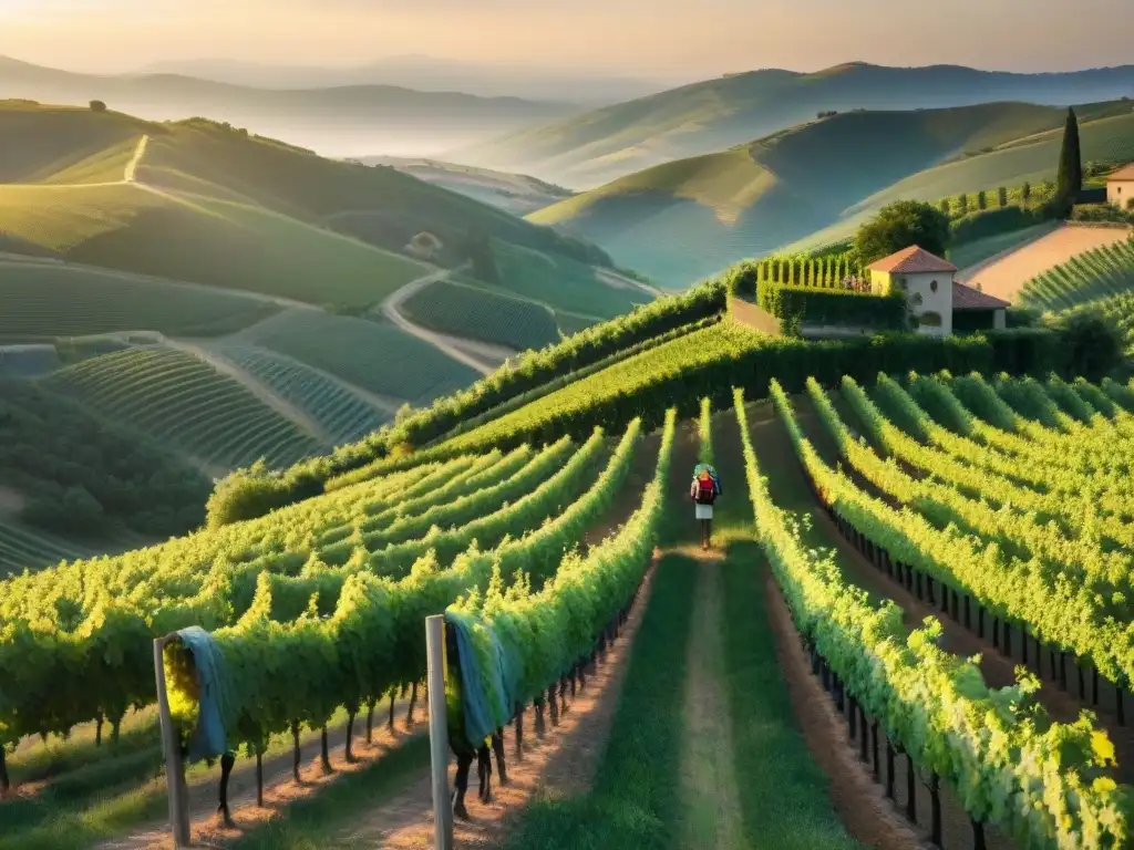 Un atardecer cálido ilumina el senderismo en ruta del vino entre viñedos exuberantes y montañas