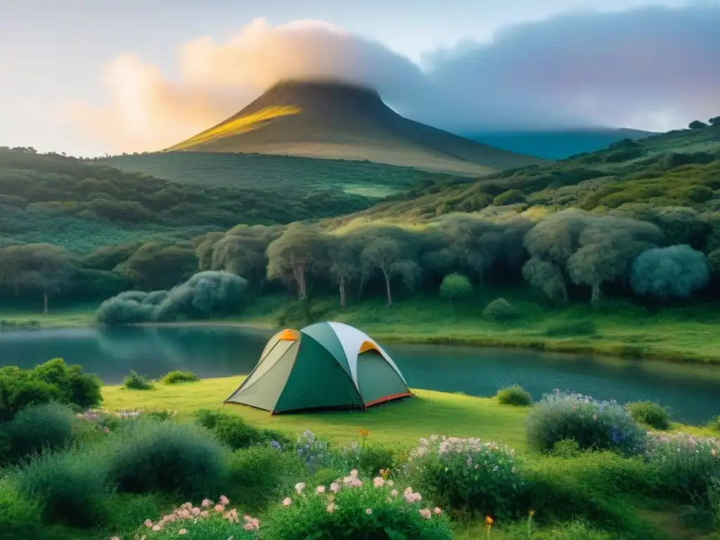 Atardecer colorido en un camping en Uruguay, con un lago sereno, carpa acogedora y colinas verdes