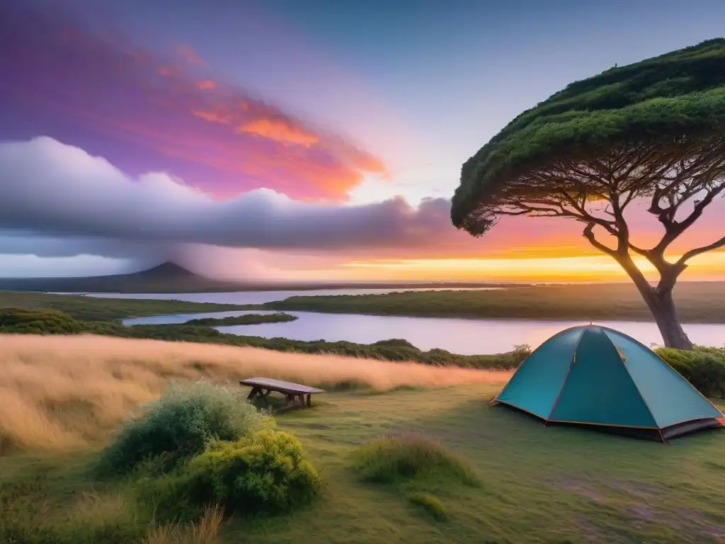 Un atardecer colorido en un camping tranquilo en Uruguay, ideal para GPS para camping en Uruguay