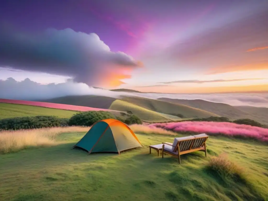 Atardecer colorido sobre colinas de Uruguay, campamento acogedor