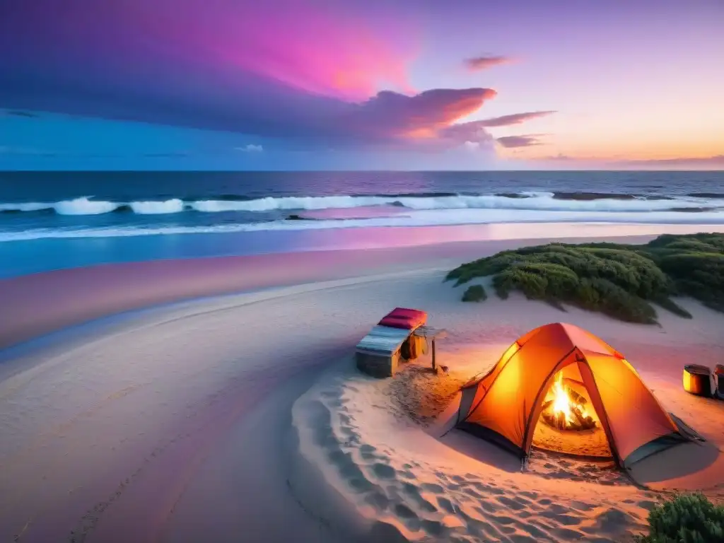 Un atardecer colorido en la playa de Uruguay con campistas disfrutando de actividades camping