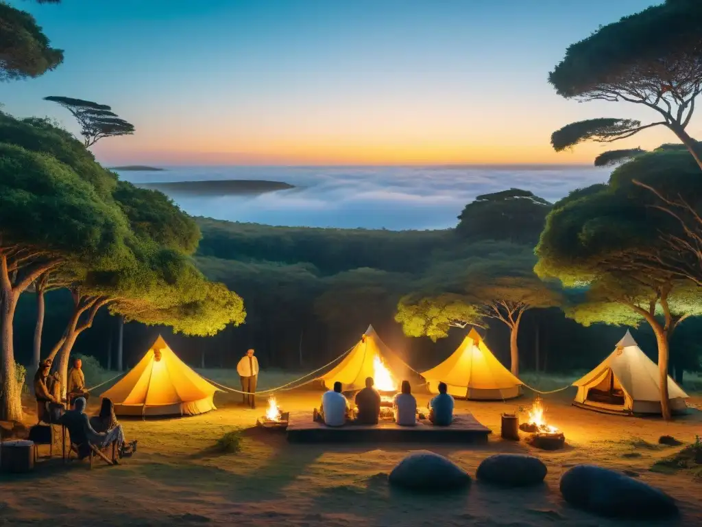 Atardecer dorado sobre un campamento en Uruguay con guías de camping en Uruguay