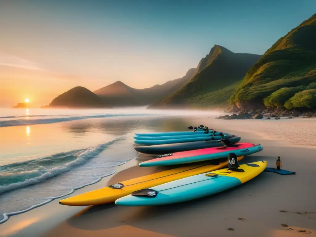 Un atardecer dorado en un campamento costero, con tablas de surf de remo coloridas alineadas en la orilla y campistas listos para remar al atardecer