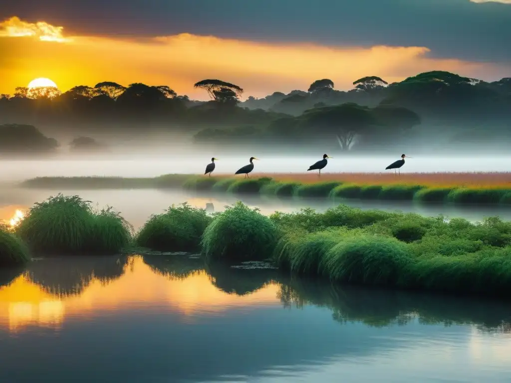 Atardecer dorado en el campo de Uruguay, reflejando en un lago sereno