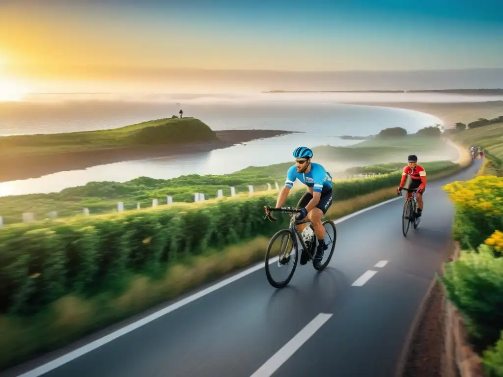 Un atardecer dorado ilumina a ciclistas en ruta por la costa de Uruguay, rodeados de exuberante vegetación y puestos de comida