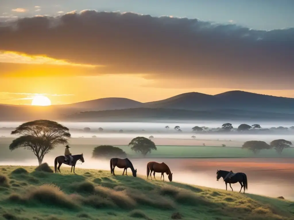 Un atardecer dorado sobre las extensas llanuras de Uruguay, con gauchos y naturaleza uruguaya literatura análisis