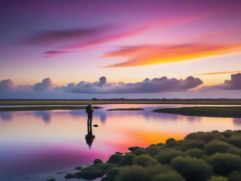 Un atardecer dorado en humedales de Uruguay, con un fotógrafo capturando la belleza natural