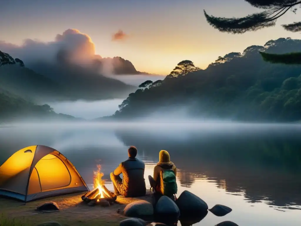 Un atardecer dorado sobre un lago en Uruguay con un campamento acogedor y principiantes aprendiendo a acampar