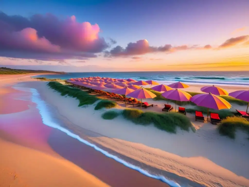 Un atardecer dorado ilumina una playa en Uruguay, con olas suaves y sombrillas coloridas