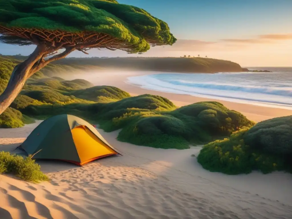 Atardecer dorado en playa de Uruguay con tiendas de camping coloridas, rodeadas de vegetación y tranquilas olas