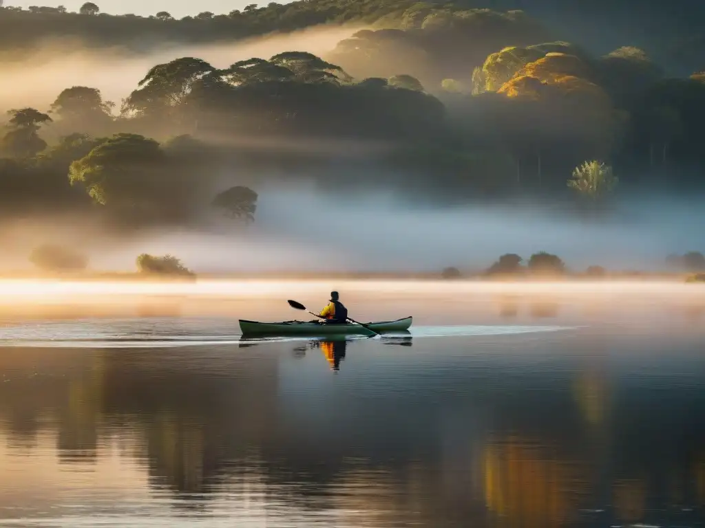 Un atardecer dorado sobre un río en Uruguay, con un kayaker solitario