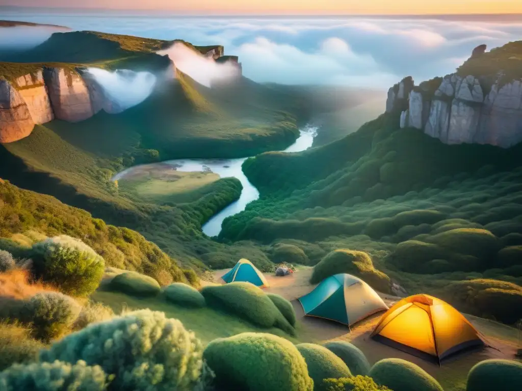 Un atardecer épico en Quebrada de los Cuervos, Uruguay, donde campistas disfrutan de la naturaleza en un camping