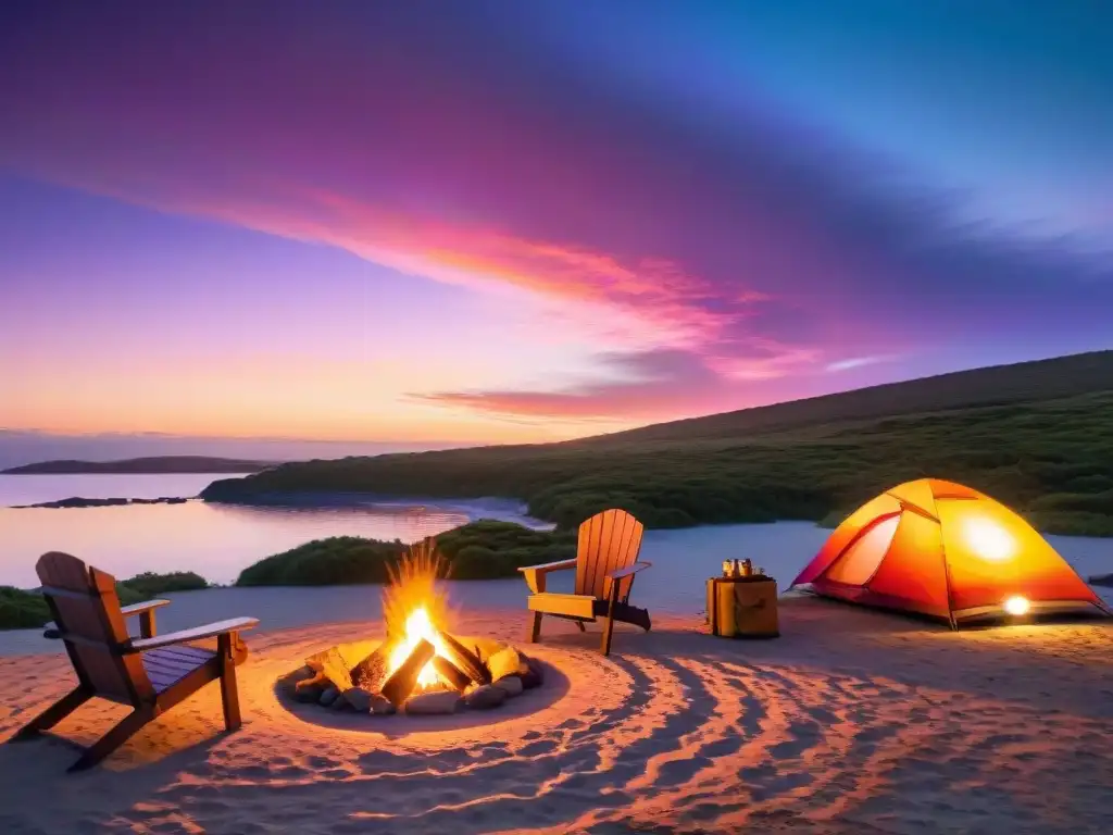 Un atardecer impresionante en un campamento tranquilo en Laguna Garzón, Uruguay