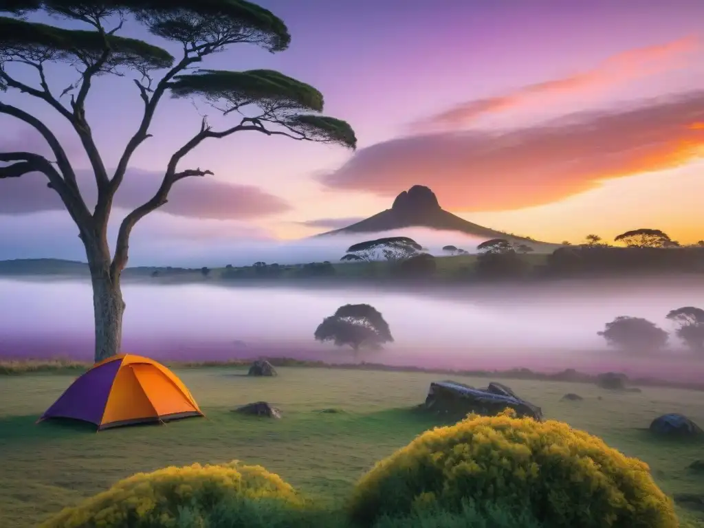 Un atardecer impresionante sobre las colinas de Uruguay, iluminando un campamento entre árboles