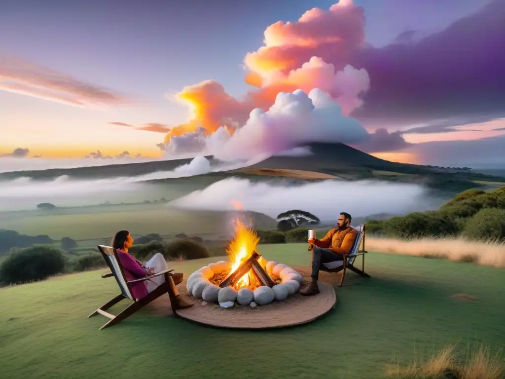 Un atardecer impresionante sobre las colinas de Uruguay, iluminando un camping entre árboles verdes