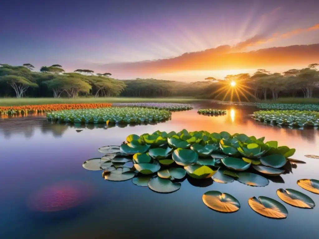 Atardecer impresionante sobre humedal en Áreas de conservación ricas en biodiversidad Uruguay