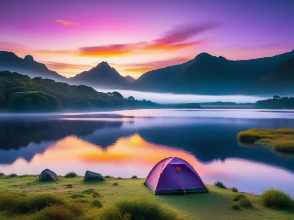 Un atardecer impresionante sobre un lago tranquilo en Uruguay, con tonos vibrantes de rosa, naranja y morado reflejándose en la superficie del agua