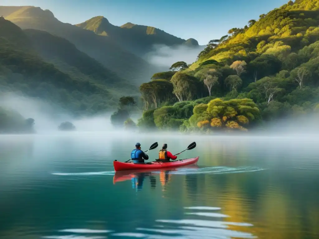 Kayakers disfrutan del atardecer en lago uruguayo