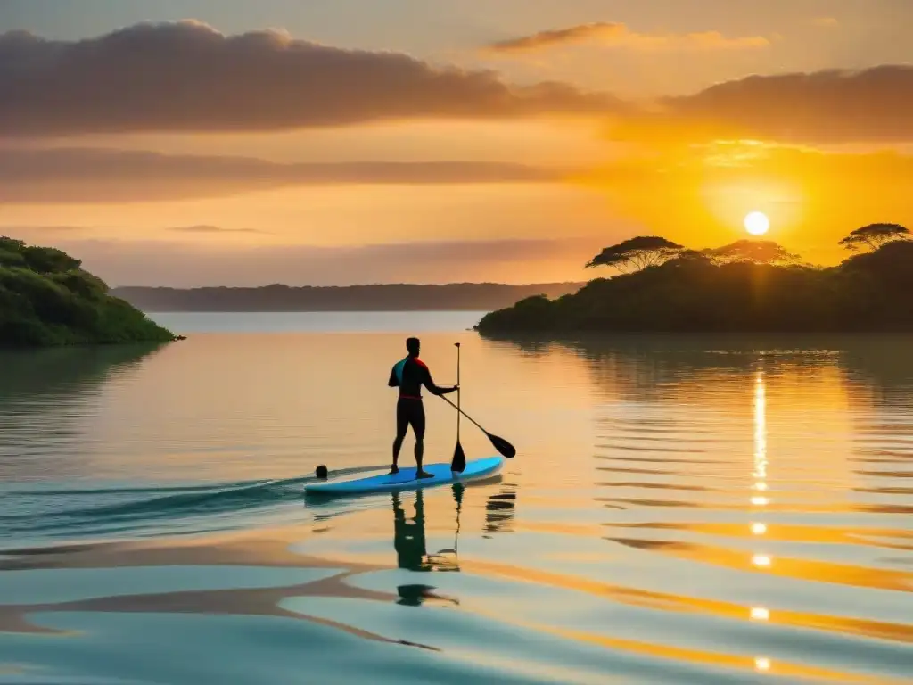 Paddleboarder en Uruguay deslizándose al atardecer en Laguna Garzón, reflejando la paz y armonía con la naturaleza