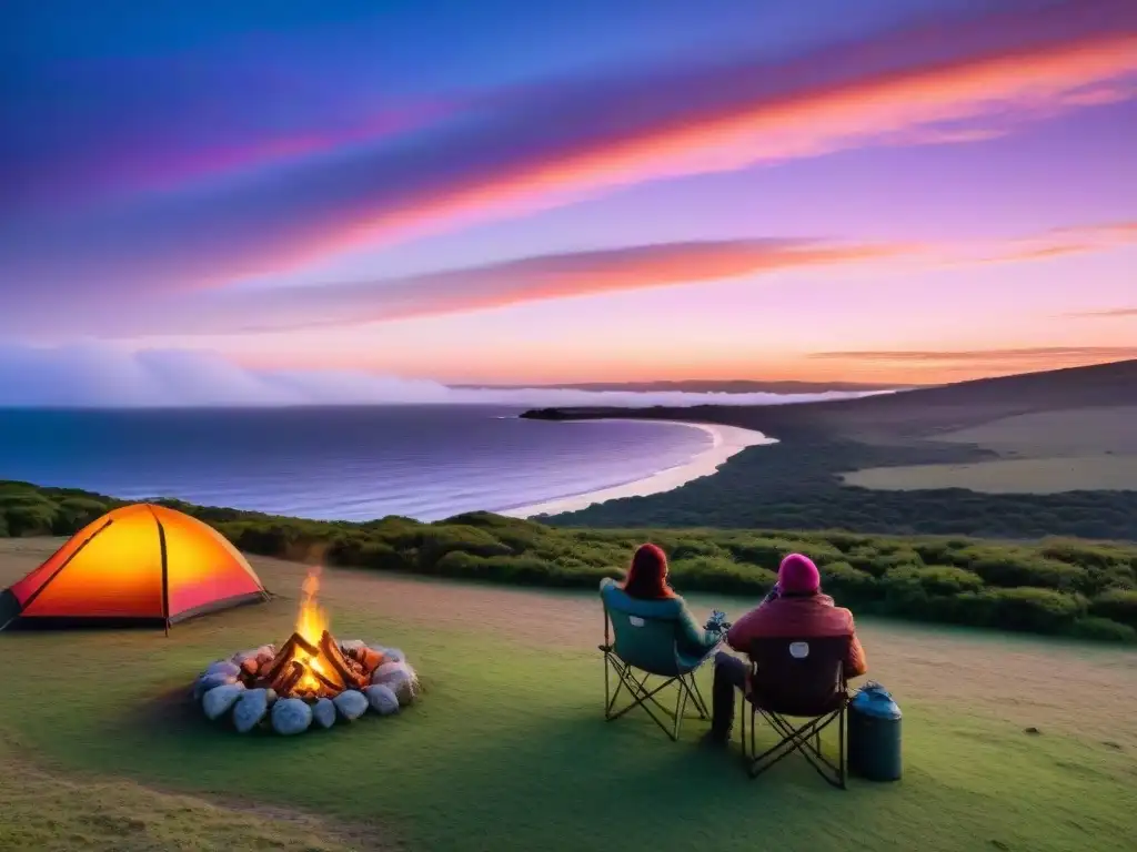 'Atardecer mágico en campamento de Uruguay con fogata, sillas y tienda, transmitiendo paz y belleza