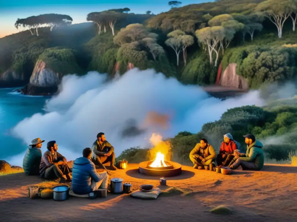 Un atardecer mágico en un campamento uruguayo con cocinas portátiles y un mate entre amigos