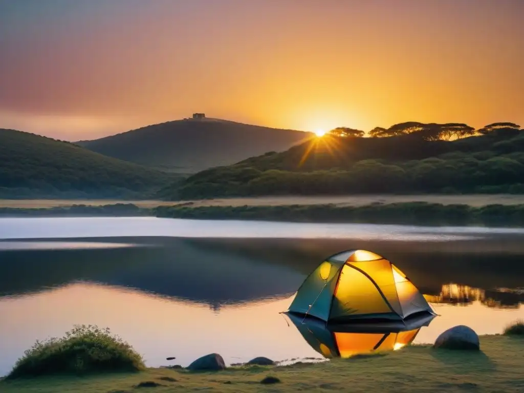 Un atardecer mágico en un camping de Uruguay, con una tienda iluminada y campistas disfrutando de la naturaleza