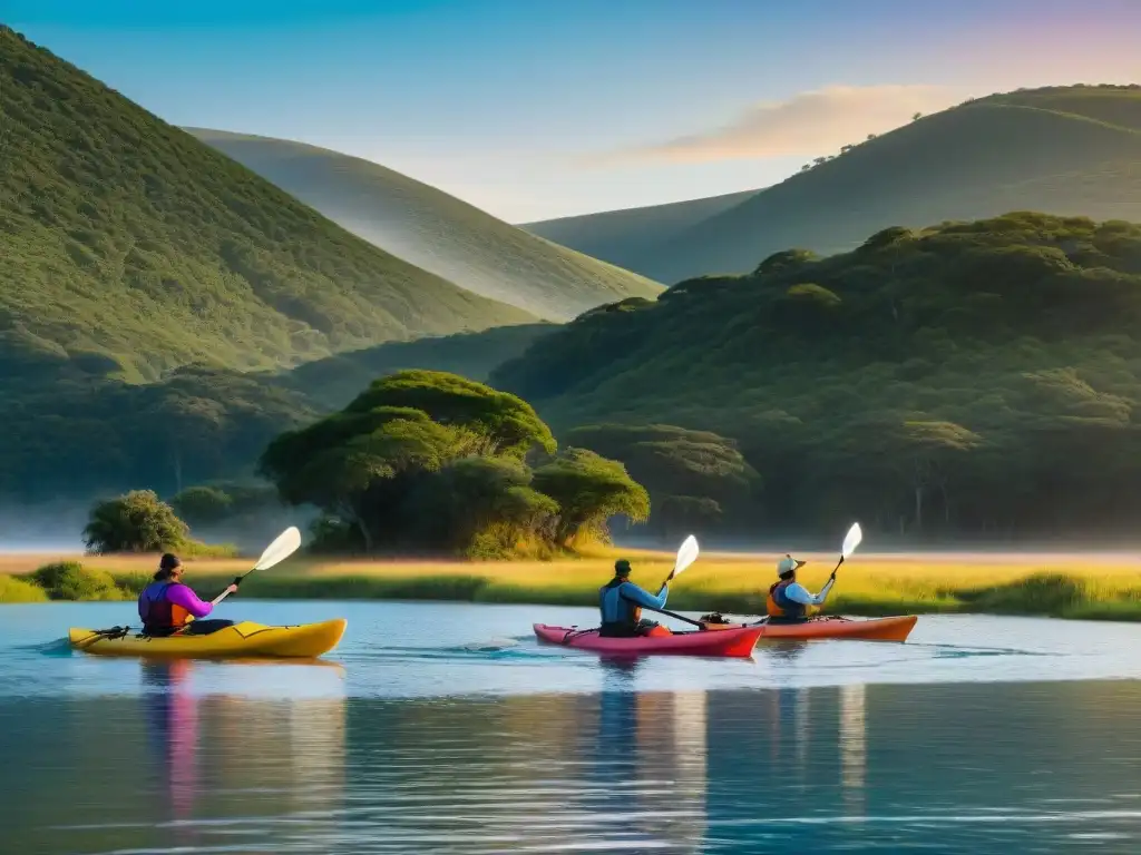 Un atardecer mágico en Laguna Garzón con kayaks brillantes y colinas verdes