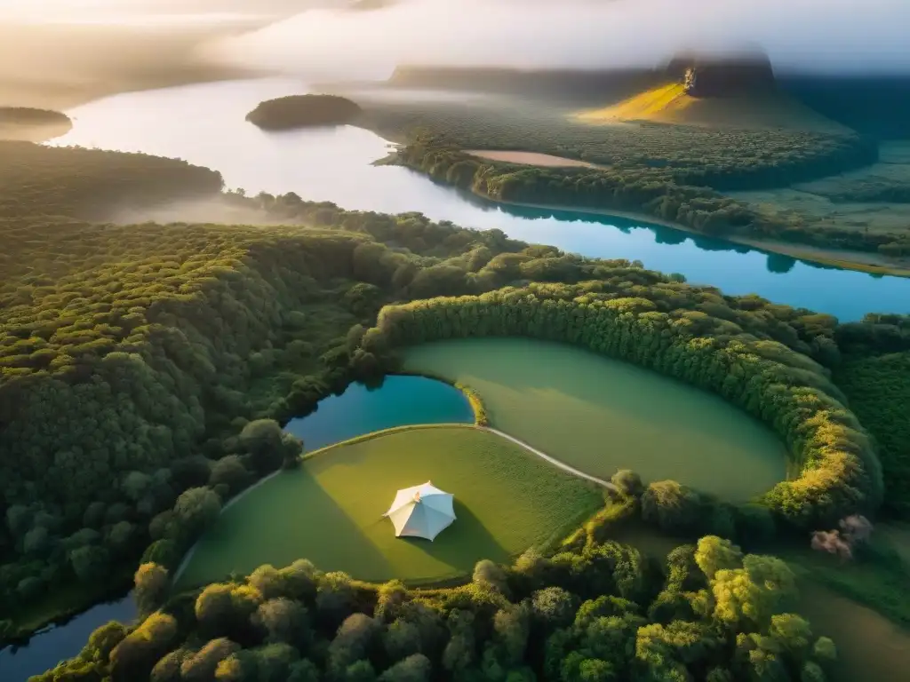 Atardecer mágico en Valle del Lunarejo, Uruguay, con paisaje verde, ríos sinuosos y coloridas carpas de camping