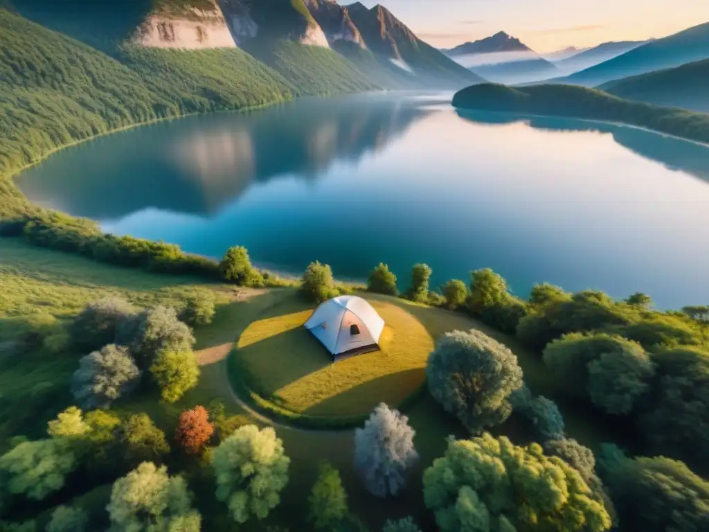 Un atardecer majestuoso en un camping sereno con un dron, reflejando la fusión de tecnología y naturaleza