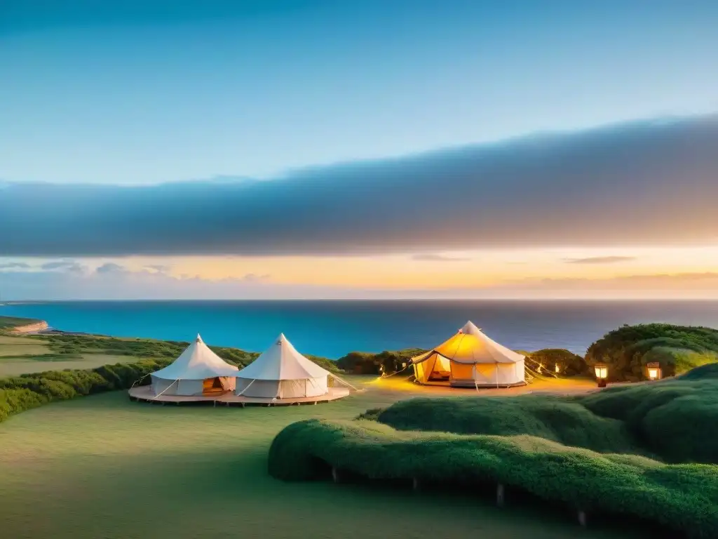 Atardecer pintoresco en la costa de Uruguay con glamping de lujo entre vegetación exuberante y ambiente cálido