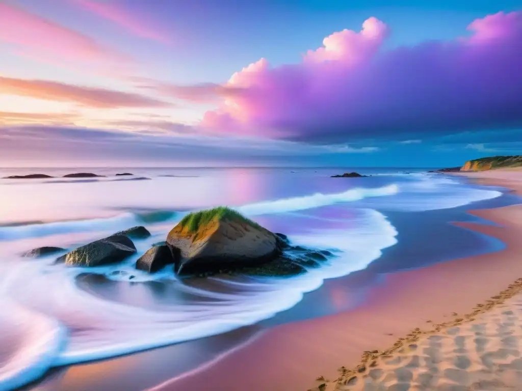 Fotografía del atardecer en una playa serena de Uruguay con fotógrafos capturando el reflejo dorado en el agua calmada