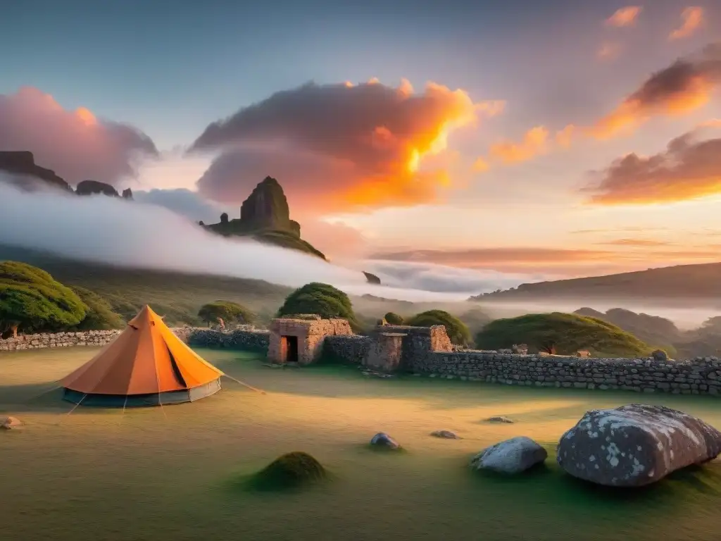 Atardecer sobre ruinas de camping en Uruguay con tonos anaranjados y rosados iluminando el cielo, figura montando una tienda de campaña