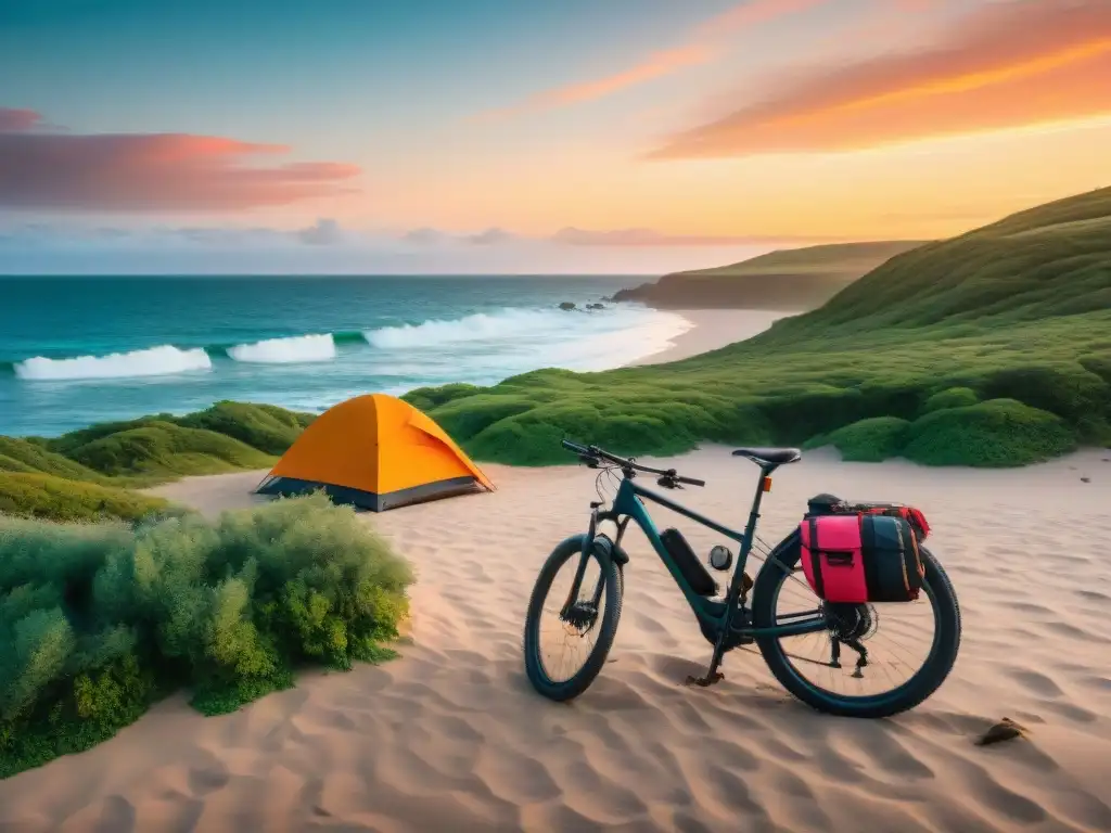 Atardecer sereno en campamento costero en ruta en bicicleta en Uruguay