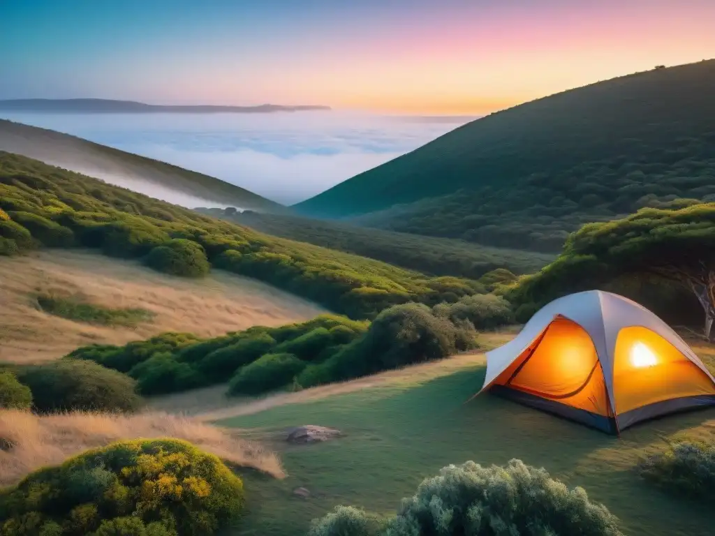 'Atardecer sereno sobre campamento en Uruguay con tienda y fogata